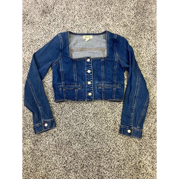 Madewell Denim Square Neck Crop Top, Dark Wash Women’s Small, Button Up Western - Picture 2 of 14